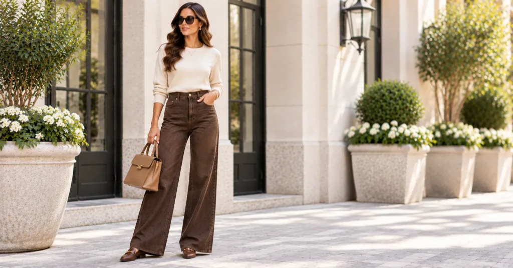 10 Stunning Wide Leg Jeans Outfit Ideas for a Chic, Effortless Look 9 Wide Leg Jeans in chocolate brown with a cream sweater