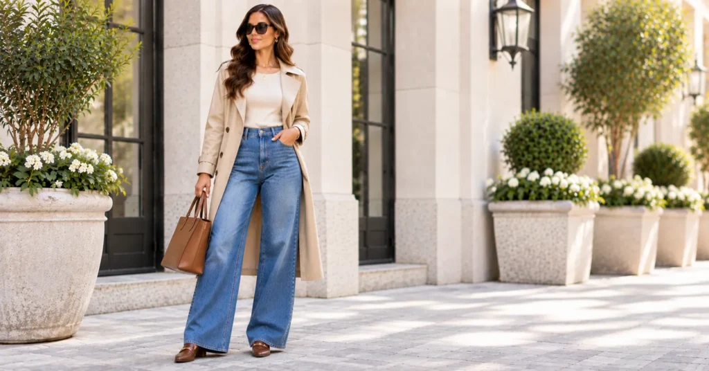 10 Stunning Wide Leg Jeans Outfit Ideas for a Chic, Effortless Look 11 Wide Leg Jeans with a classic beige trench coat