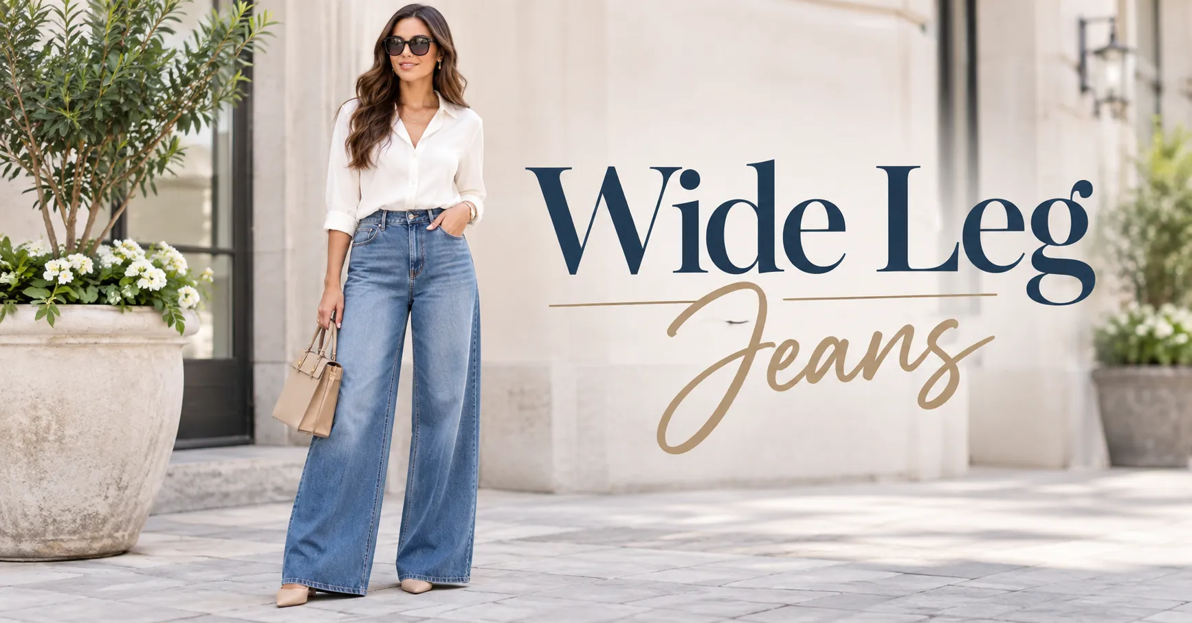 Wide Leg Jeans outfit with ivory blouse and elegant accessories