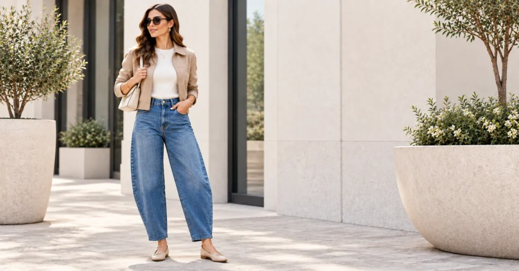 12 Women’s Jeans Ideas for Chic & Trendy Outfits 7 Women's Jeans barrel-leg outfit with minimalist knit top