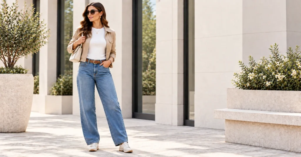 12 Women’s Jeans Ideas for Chic & Trendy Outfits 10 Women's Jeans low-rise relaxed outfit with structured jacket