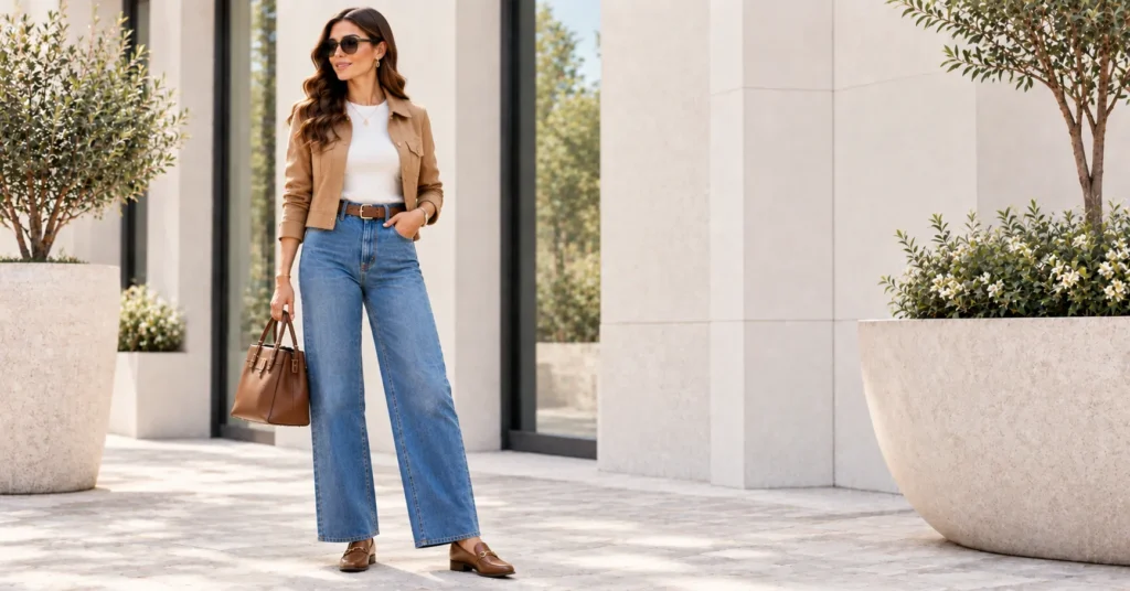 12 Women’s Jeans Ideas for Chic & Trendy Outfits 12 Women's Jeans wide-leg outfit with cropped jacket