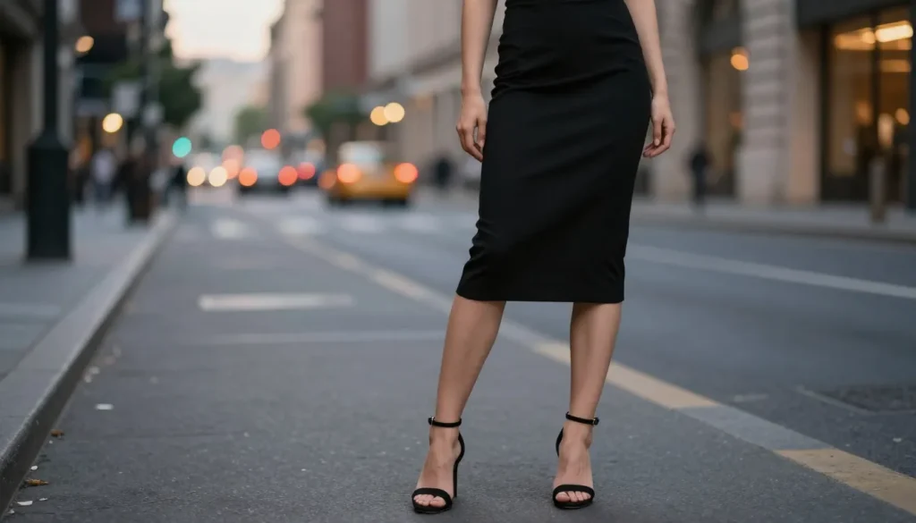 Close-up of elegant black heels paired with a classic black dress, urban background.