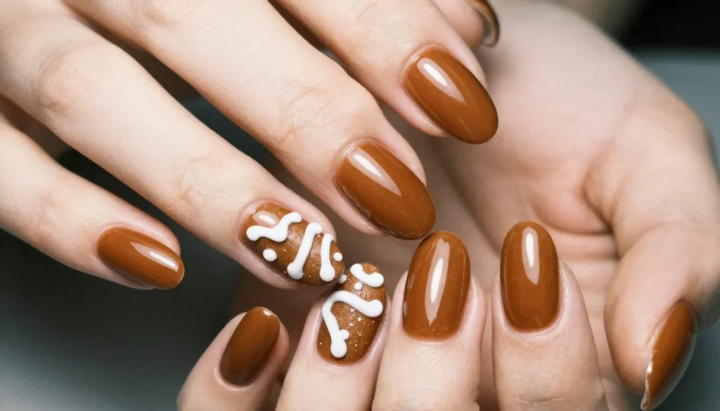 Gingerbread nails with warm brown tones and white icing details in a cozy holiday style.