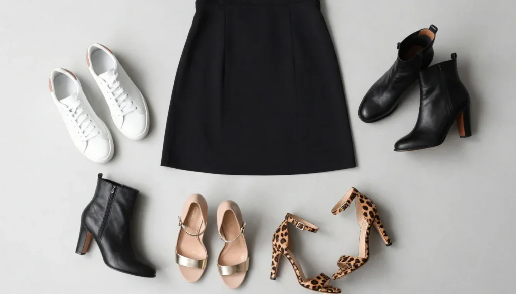 Flat lay of multiple shoes arranged around a black dress, showing styling options.