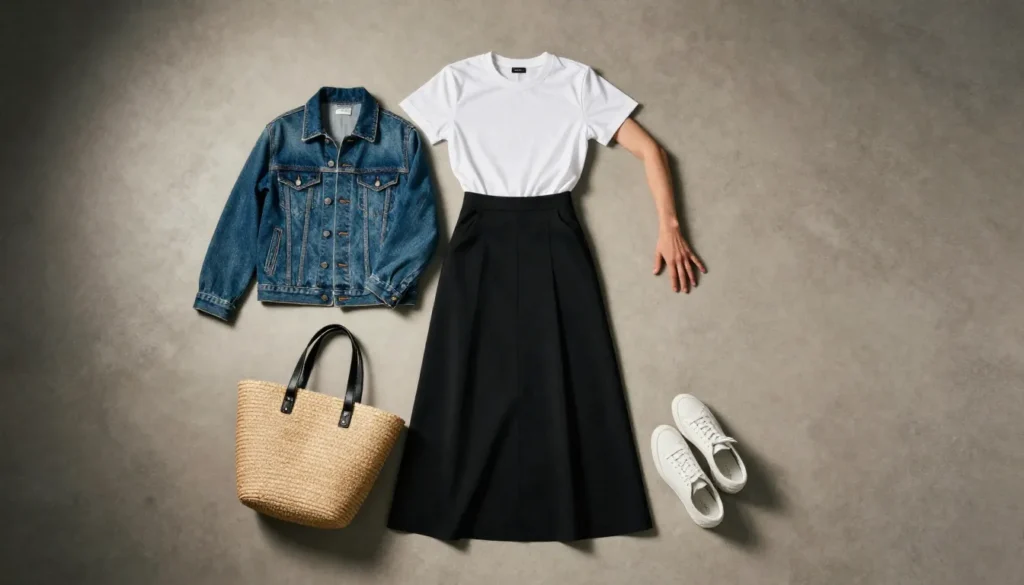 Weekend-ready black maxi skirt styling flat lay with accessories and shoes.