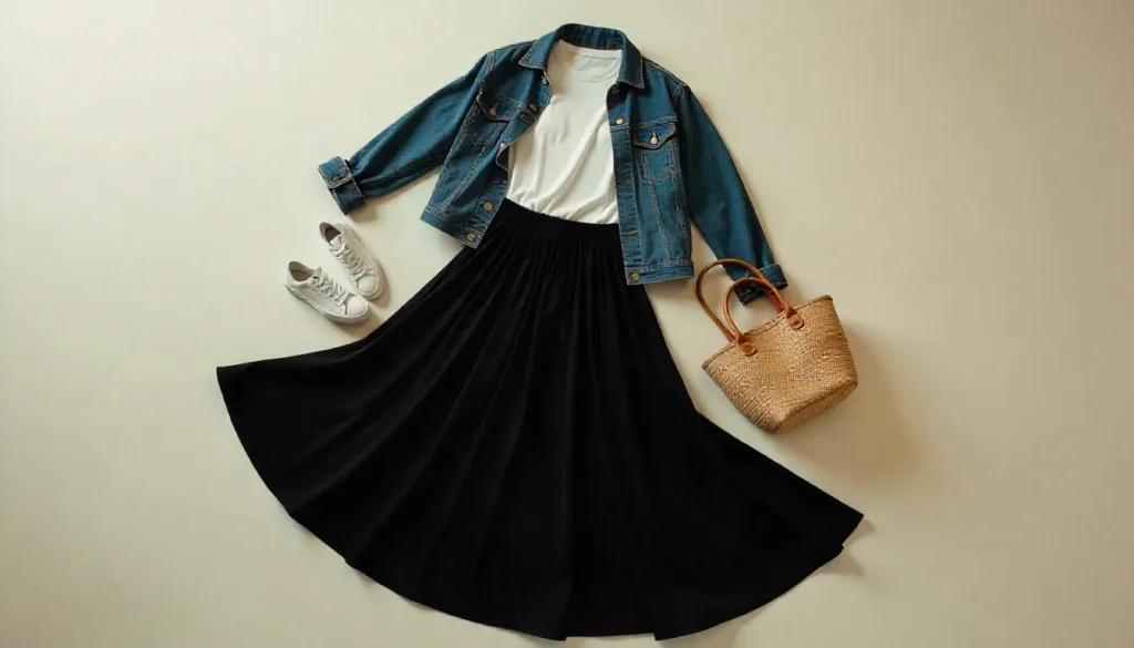 Flat lay of casual black maxi skirt outfit with t-shirt, sneakers, and denim jacket.
