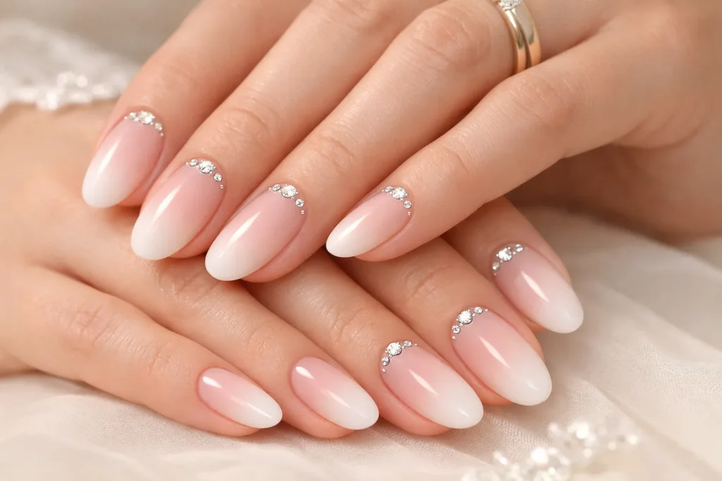 French Ombre Nails: The Ultimate Guide to the Baby Boomer Manicure 3 Elegant bridal baby boomer nails with soft ombre fade and crystal accents.