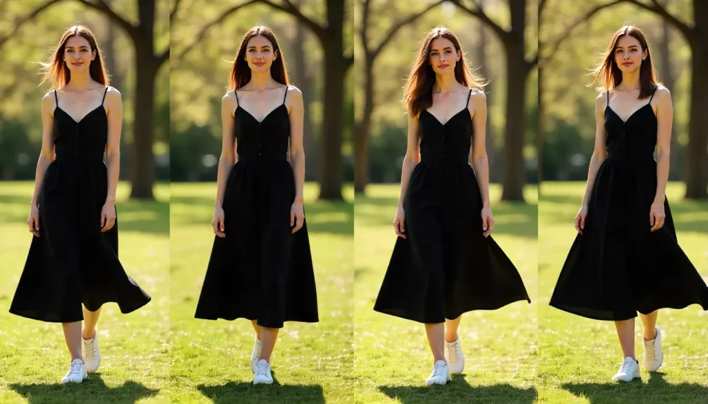 Seasonal footwear styling with black dresses: spring sneakers, summer slides, autumn boots, winter combat boots.