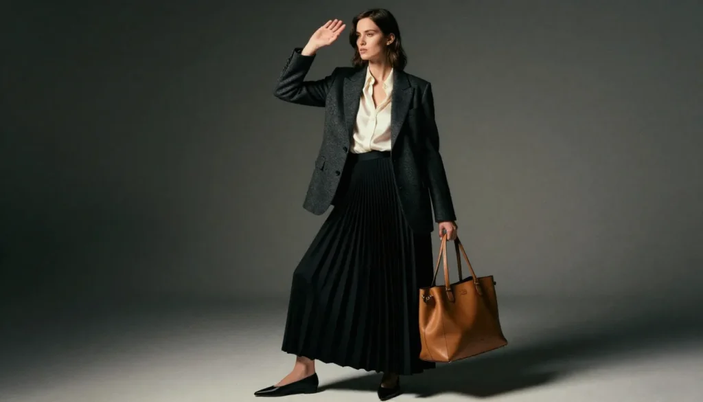 Black maxi skirt office outfit with blazer, blouse, and flats in a modern workspace.