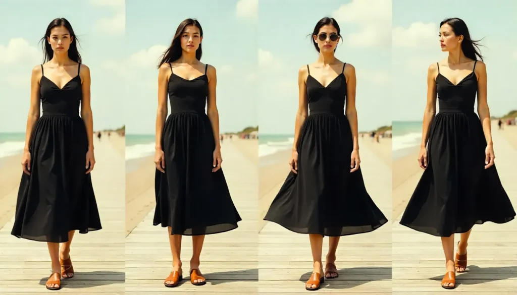 Seasonal footwear styling with black dresses: spring sneakers, summer slides, autumn boots, winter combat boots.