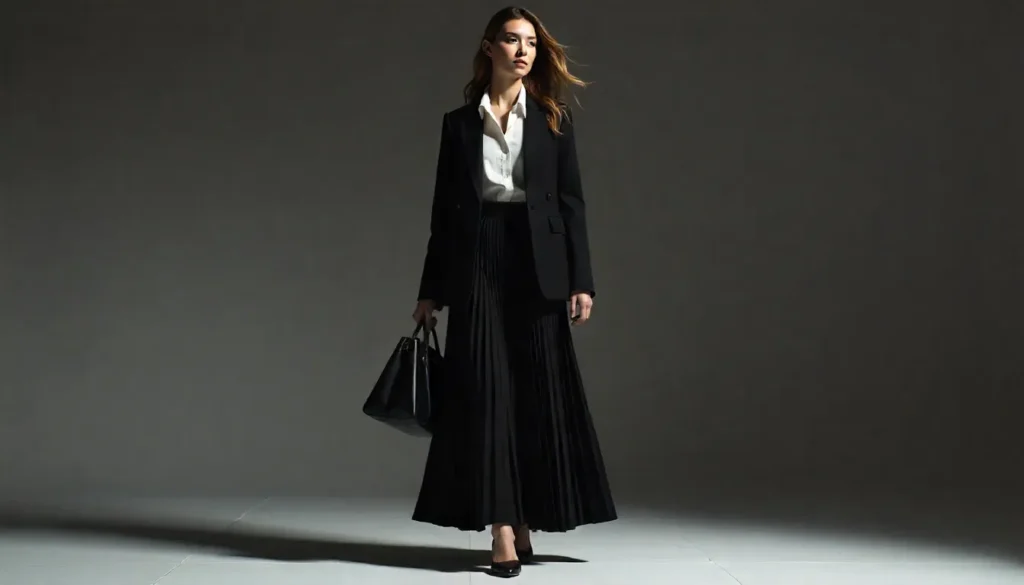 Black maxi skirt office outfit with blazer, blouse, and flats in a modern workspace.