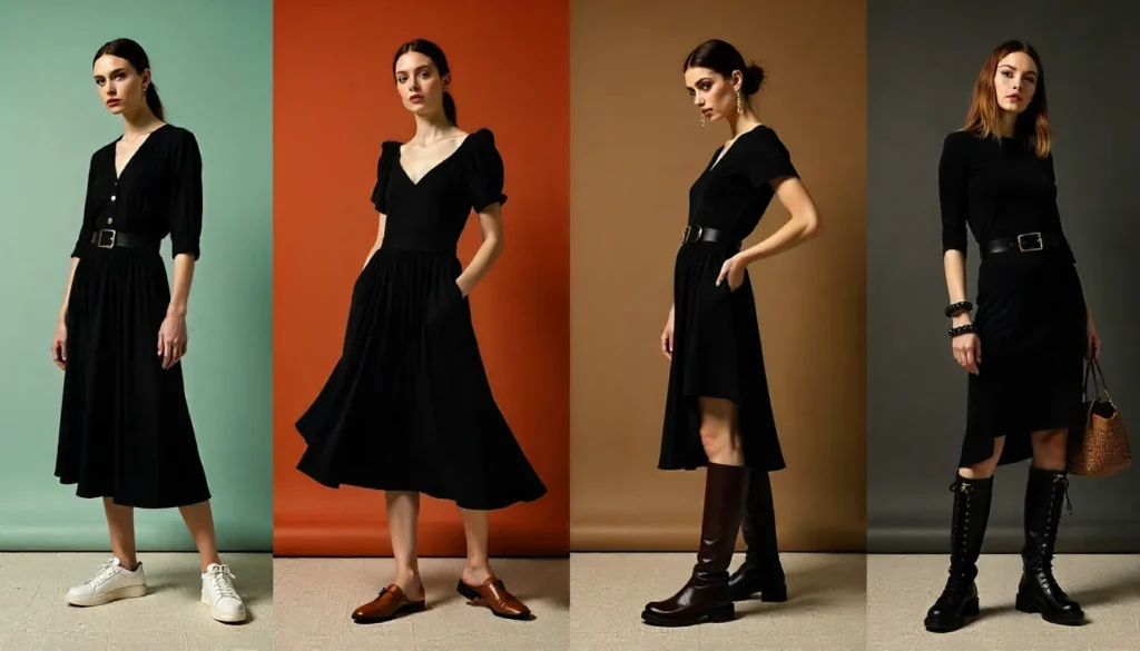 Seasonal footwear styling with black dresses: spring sneakers, summer slides, autumn boots, winter combat boots.