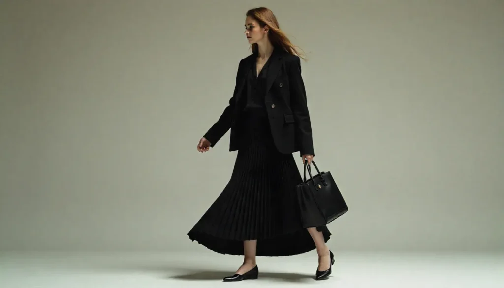Black maxi skirt office outfit with blazer, blouse, and flats in a modern workspace.