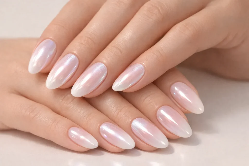 French Ombre Nails: The Ultimate Guide to the Baby Boomer Manicure 4 Glazed donut French ombre nails with pearly chrome shine.