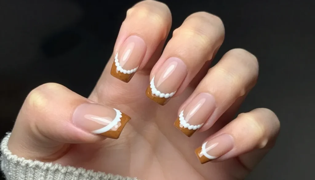 Gingerbread French tip nails with brown tips and white icing accents.