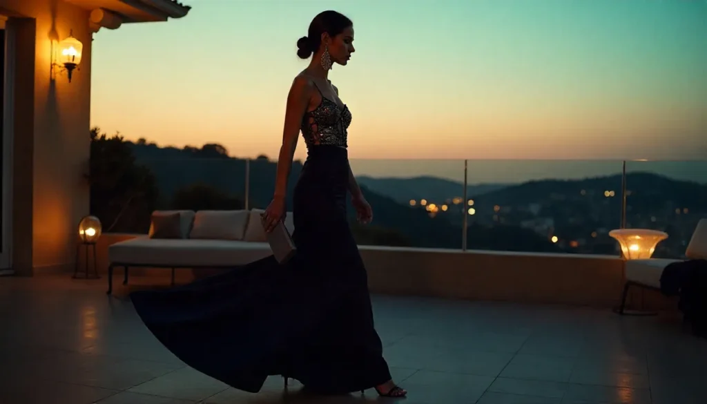 Black satin maxi skirt evening outfit with sequined top and strappy heels.