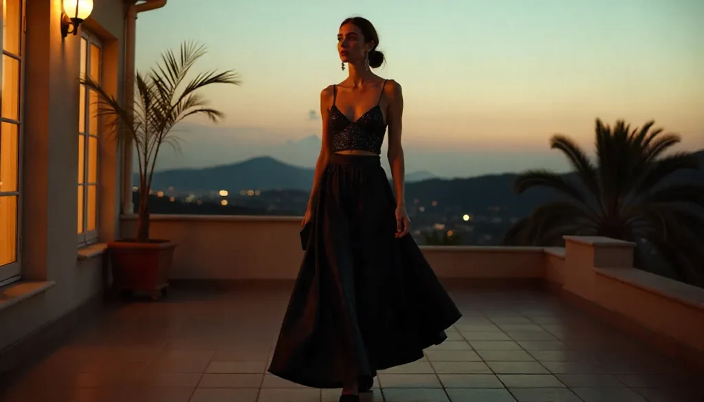 Black satin maxi skirt evening outfit with sequined top and strappy heels.