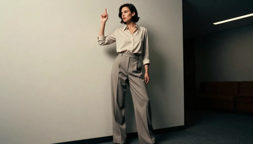Tailored trousers styled for a casual work outfit for women.