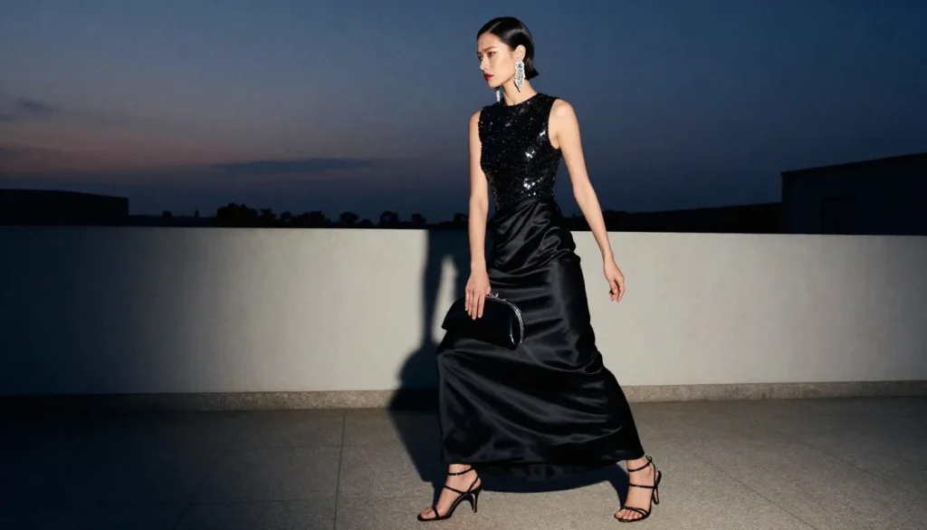 Black satin maxi skirt evening outfit with sequined top and strappy heels.