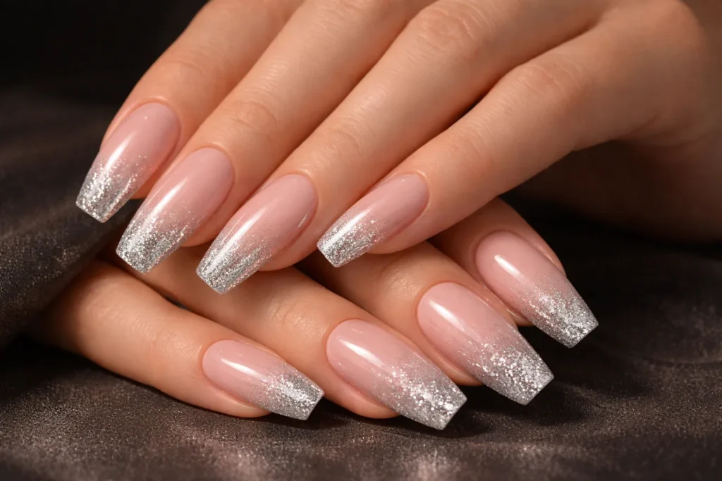 French Ombre Nails: The Ultimate Guide to the Baby Boomer Manicure 5 French ombre nails with sparkling silver glitter fade on coffin-shaped nails.