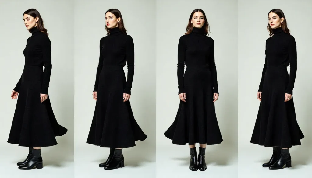 Seasonal black maxi skirt styling: spring, summer, fall, winter outfit collage.