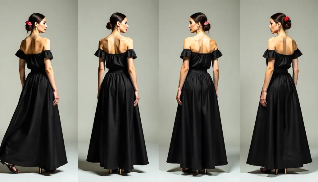 Seasonal black maxi skirt styling: spring, summer, fall, winter outfit collage.