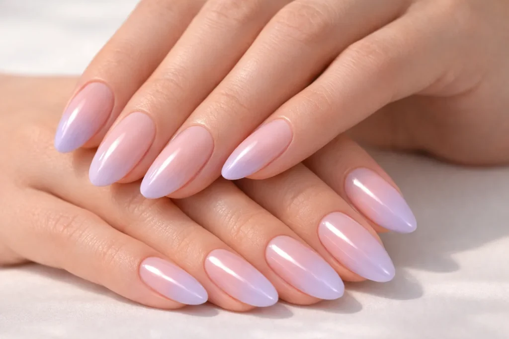 French Ombre Nails: The Ultimate Guide to the Baby Boomer Manicure 6 Pastel lavender French ombre nails with soft nude base.