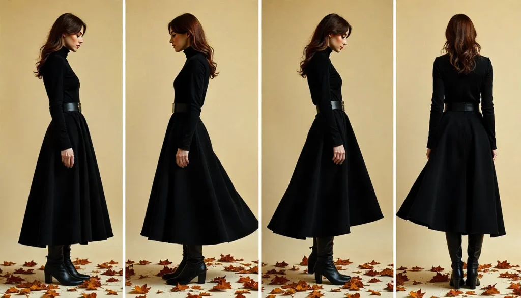 Seasonal black maxi skirt styling: spring, summer, fall, winter outfit collage.