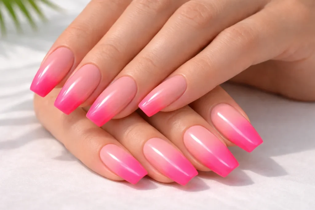 French Ombre Nails: The Ultimate Guide to the Baby Boomer Manicure 7 Neon pink French ombre nails with bold summer style.