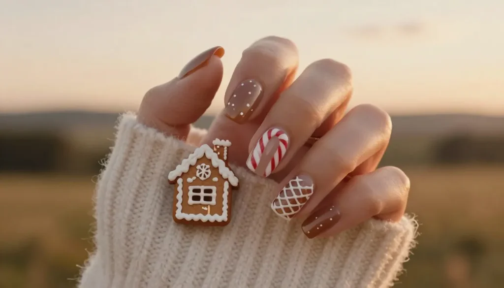 Gingerbread house inspired nail art with white icing patterns.