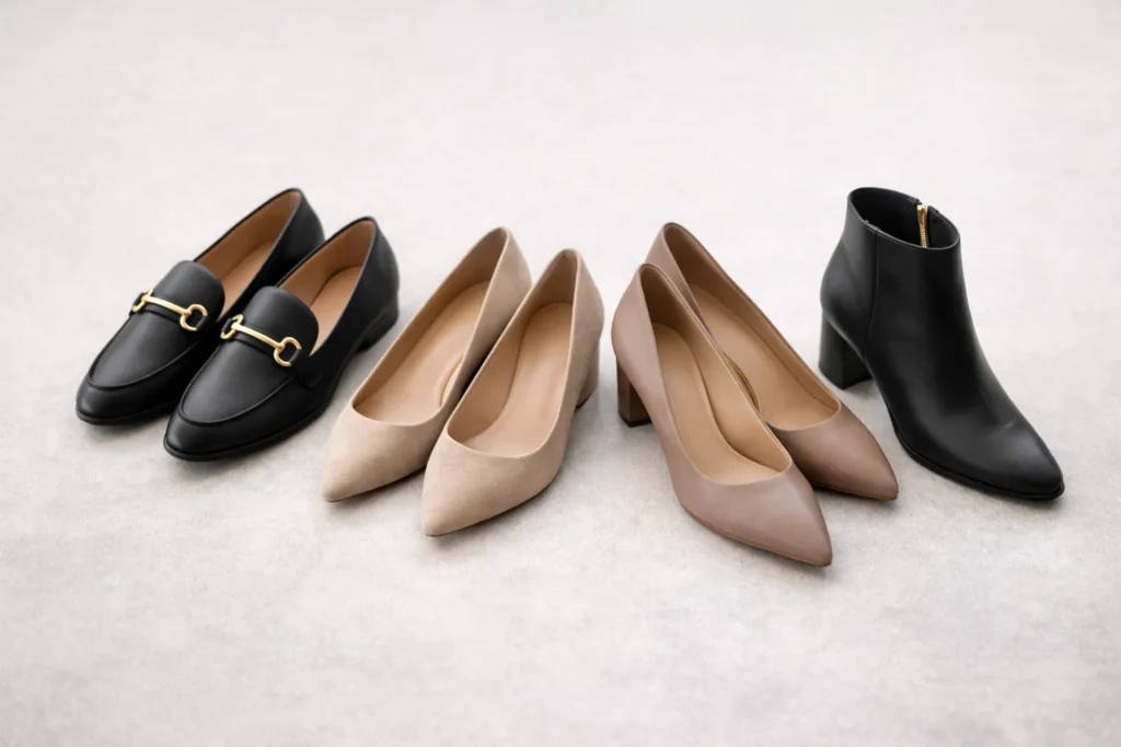 Business casual shoes for women including loafers and block heels.