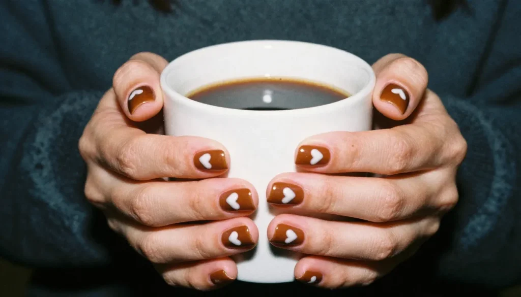 Short gingerbread nails with cozy winter holiday vibe.