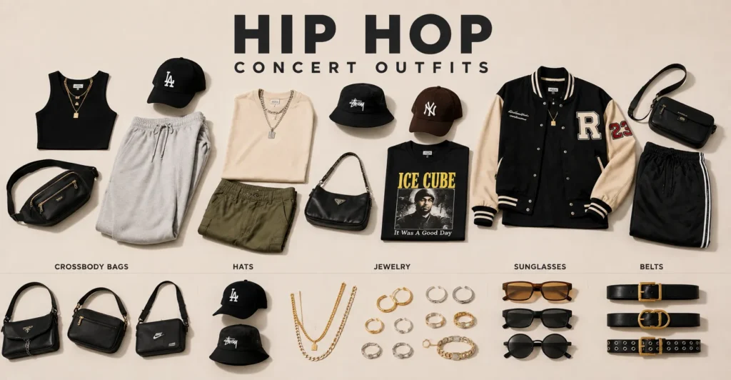 Hip Hop Concert Outfits: What to Wear for Style, Comfort, and Unforgettable Vibes 9 Accessories for Hip Hop Concert Outfits including stylish bags hats sunglasses and jewelry.