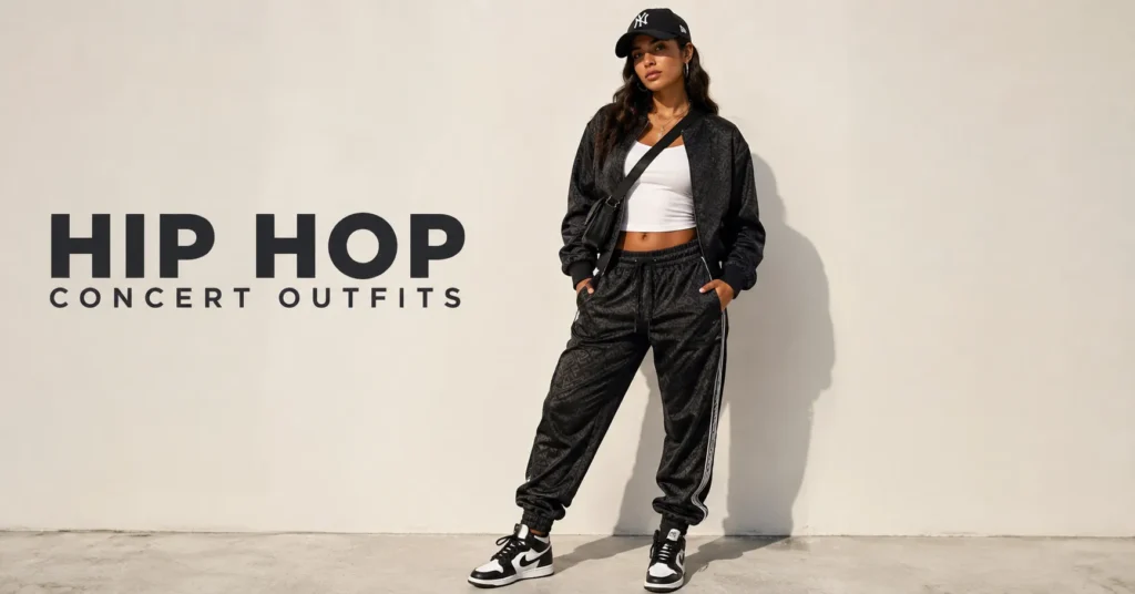 Hip Hop Concert Outfits: What to Wear for Style, Comfort, and Unforgettable Vibes 4 Athletic luxe Hip Hop Concert Outfits with bomber jacket and stylish joggers.