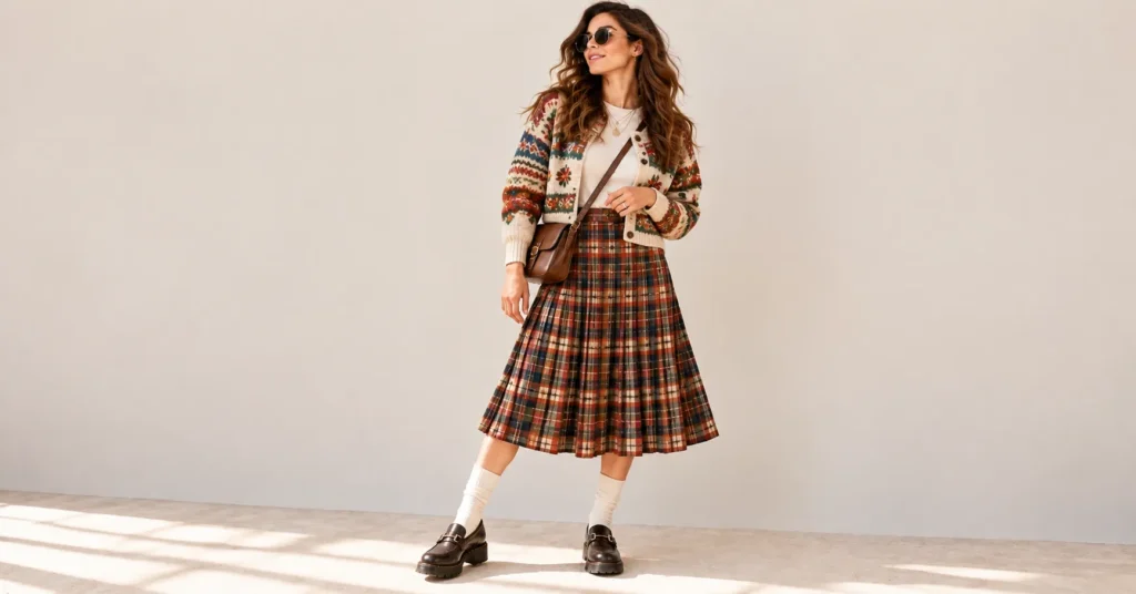 12 Stunning Indie Outfits That Will Instantly Transform Your Style 7 Indie Outfits indie kid cardigan and plaid skirt styled with knee high socks and chunky loafers.
