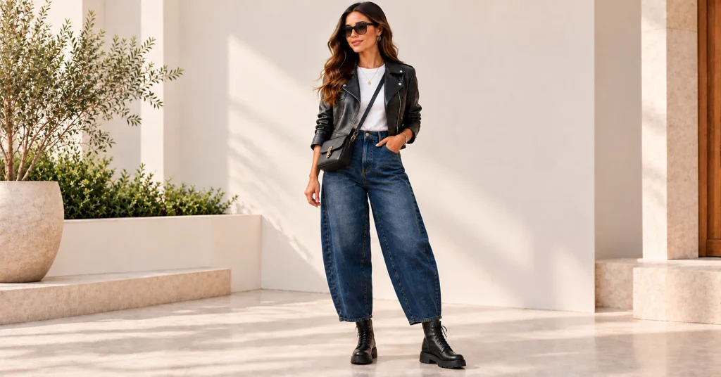 Barrel Jeans for Women styled with a leather jacket and combat boots