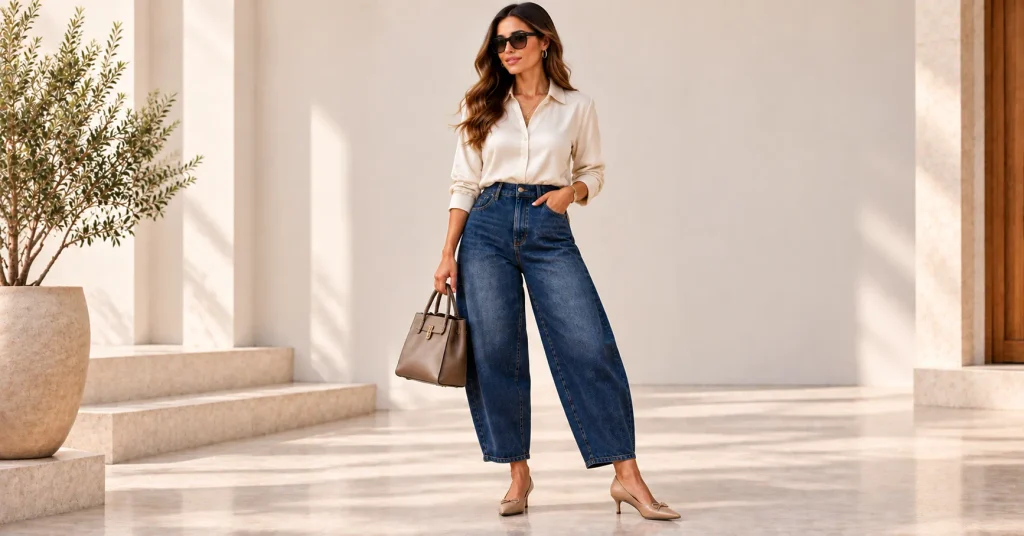 Barrel Jeans for Women styled with a silk blouse and kitten heels