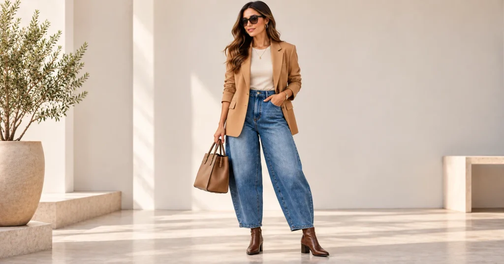 Barrel Jeans for Women styled with an oversized blazer and heeled boots