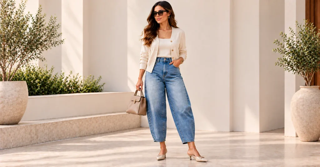 Barrel Jeans for Women with a cardigan set and mules