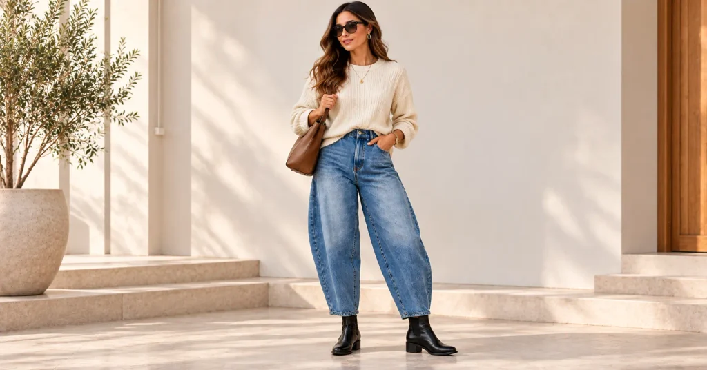 Barrel Jeans for Women with a chunky knit sweater and Chelsea boots