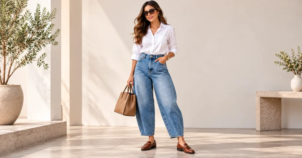 Barrel Jeans for Women with a crisp white shirt and loafers