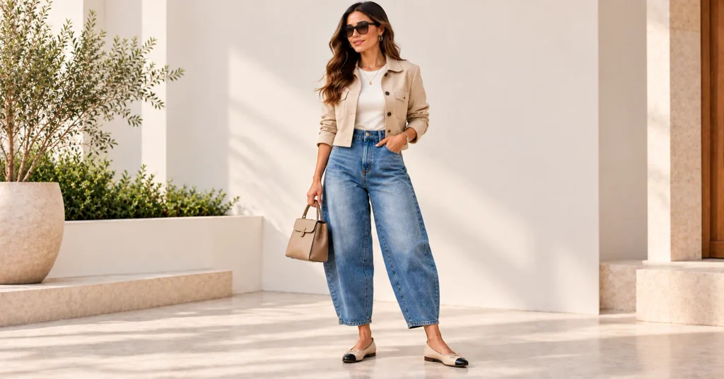 Barrel Jeans for Women with a cropped jacket and ballet flats