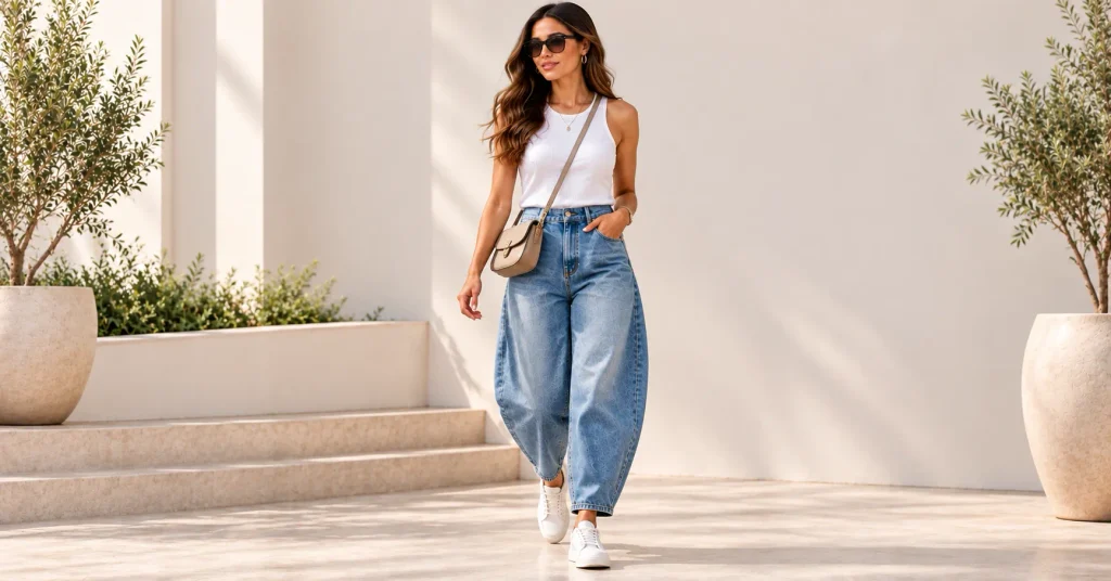 Barrel Jeans for Women with a fitted tank and white sneakers