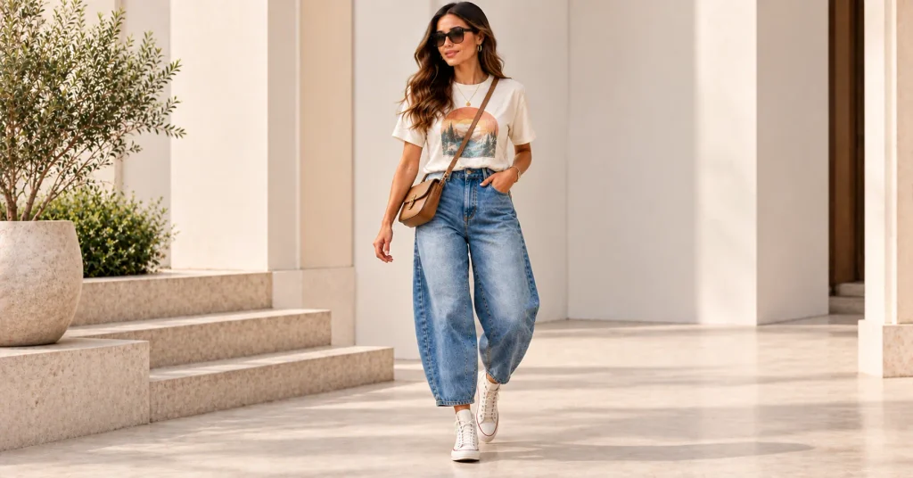 Barrel Jeans for Women with a graphic tee and high-top sneakers