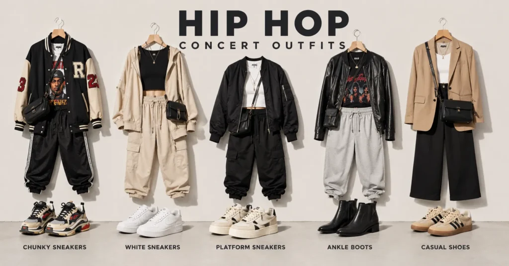 Hip Hop Concert Outfits: What to Wear for Style, Comfort, and Unforgettable Vibes 8 Best footwear options for Hip Hop Concert Outfits including sneakers and ankle boots.