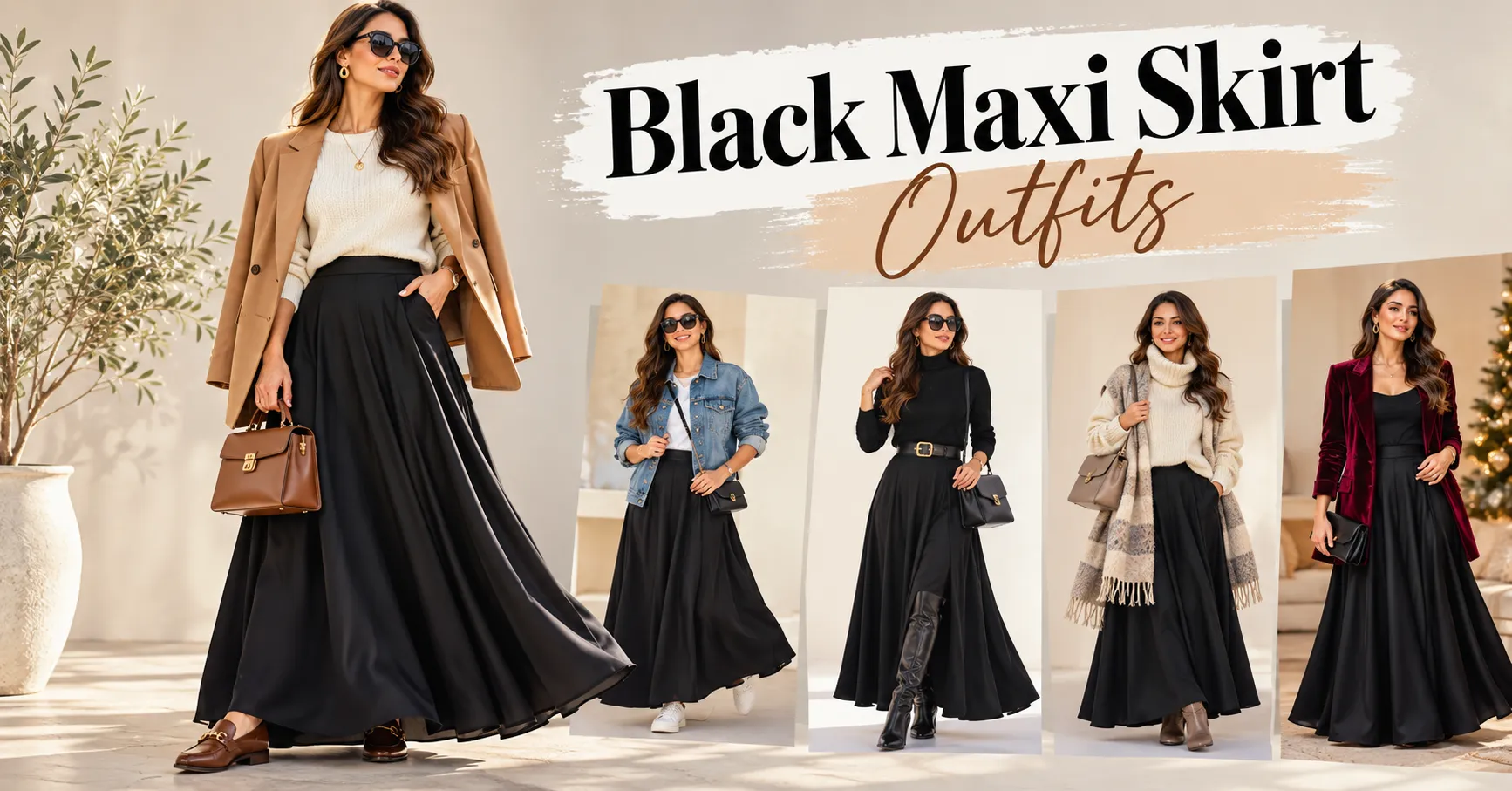 Home 10 Black Maxi Skirt Outfits hero image featuring a sophisticated year-round maxi skirt styling