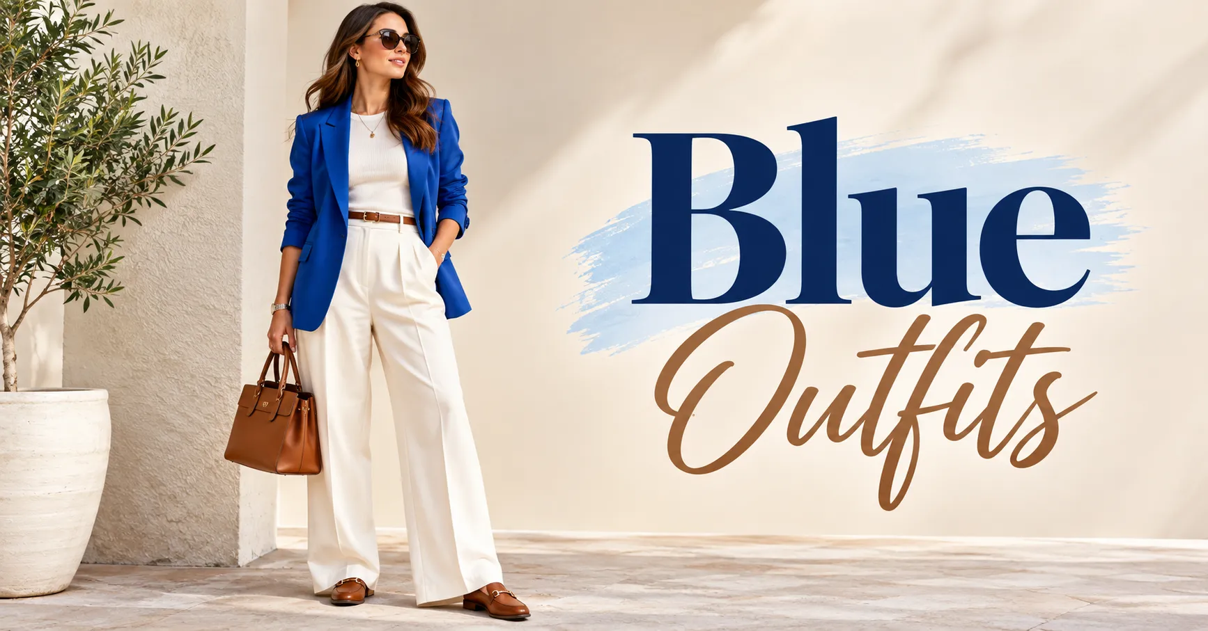 Home 12 Blue Outfits with a sophisticated cobalt blazer and cream trousers