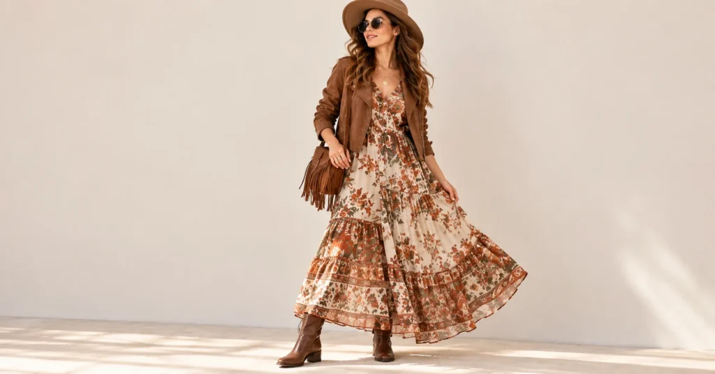 12 Stunning Indie Outfits That Will Instantly Transform Your Style 5 Indie Outfits boho maxi dress styled with a suede jacket, ankle boots, and wide-brim hat.