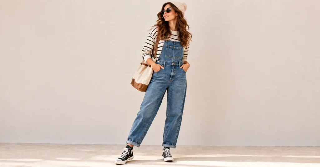 12 Stunning Indie Outfits That Will Instantly Transform Your Style 9 Indie Outfits overalls with a striped tee, high-top sneakers, beanie, and canvas bag.